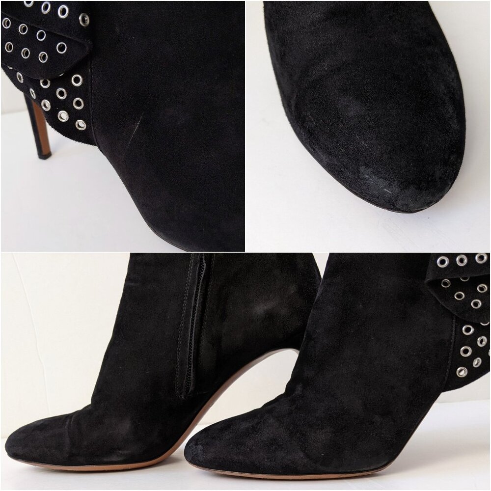 Alaïa Black Suede Grommet Embellished Ruffled Ankle Boots | Size 38.5 - Picture 13 of 16